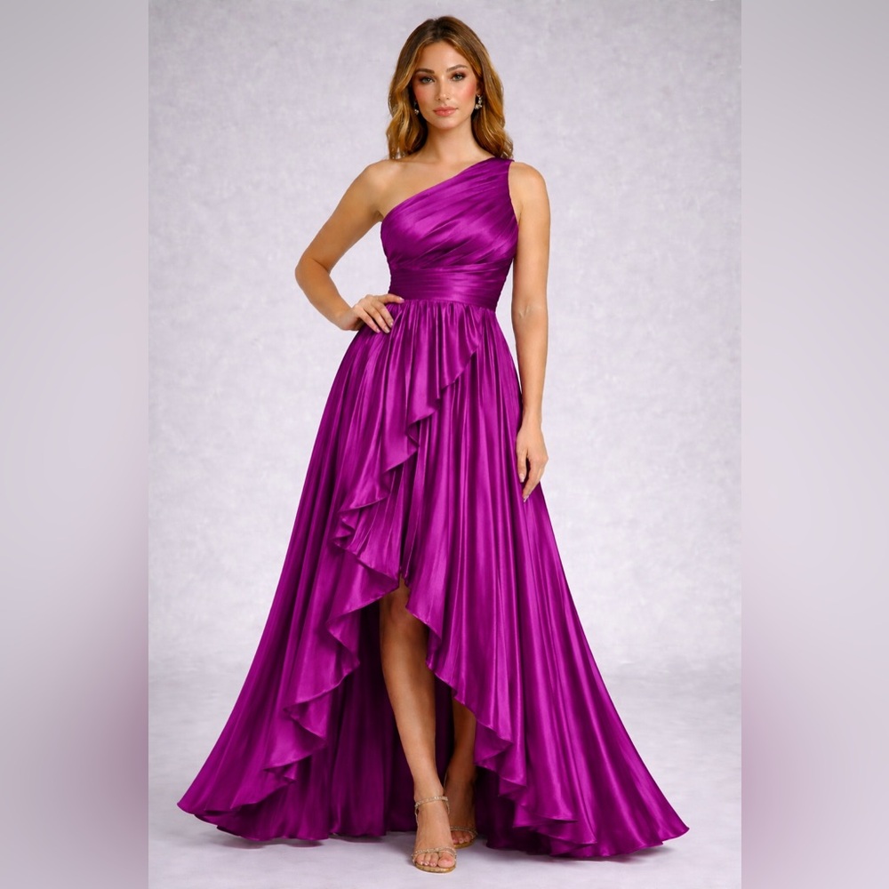 One-Shoulder Fuchsia Ruffled High-Low Evening Gown